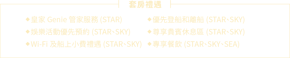 套房禮遇:優先登船即離船 (STAR、SKY)、娛樂活動優先預約 (STAR、SKY)、尊享貴賓休息區 (STAR、SKY)、皇家 Genie 管家服務 (STAR)、Wi-Fi 及船上小費禮遇 (STAR、SKY)、專享餐飲 (STAR、SKY、SEA)